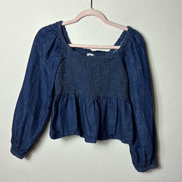 J. Crew puff sleeve chambray smocked top denim blue size small - Picture 4 of 10